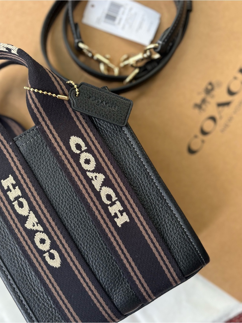 Coach Black Smith Mini tote pebble Leather Crossbody: Striped Logo & Handles